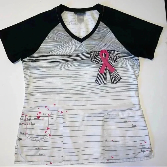 𝅺CHEROKEE Scrubs Top Size M Adorable Breast Cancer Awareness - Picture 5 of 8